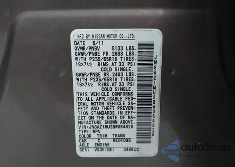 2011 Nissan Murano Sv из США, поврежденный, VIN JN8AZ1MU2BW064929